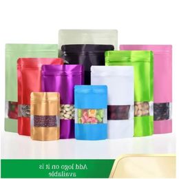 Stand Matte Zip Lock Múltiples tamaños y colores Envasado de alimentos Bolsas Mylar con ventana transparente en el frente 100 piezas Bolsas de embalaje Guhhm