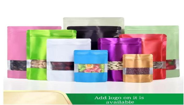 Stand Matte Zip Lock Múltiples tamaños y colores Envasado de alimentos Bolsas Mylar con ventana transparente en el frente 100 piezas Paquete de flores de frutas secas