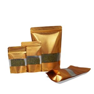 Stand Up Golden Zip Lock Bag Réutilisable Aluminium Foil Zipper Bag pour Food Snack Candy Storage Mylar Bag with Window243m