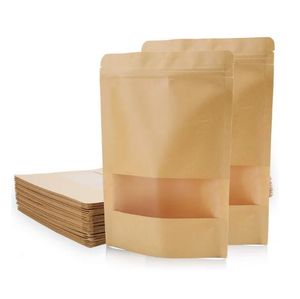 Stand Up Kraft Paper Pack Bags W / Frosted Window Biscuit Doy pack Zipper Storage Pouch