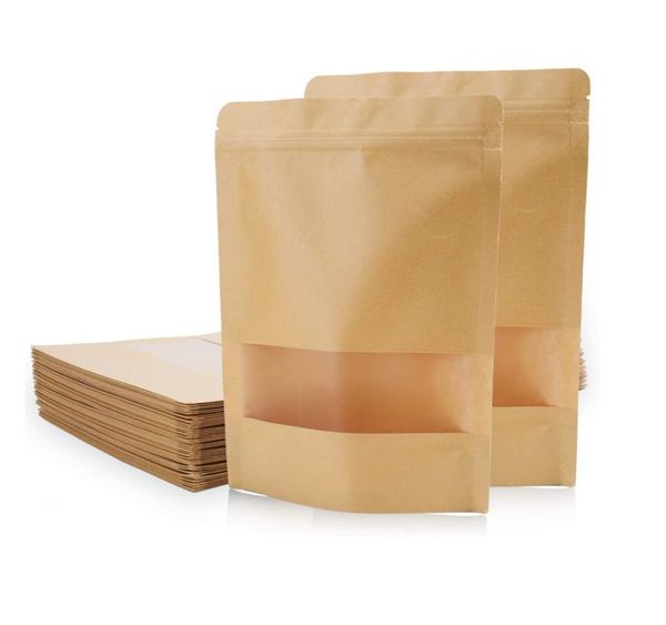 Sacs en papier Kraft debout, avec fenêtre givrée, pochette de rangement à fermeture éclair pour biscuits, LZ04921980293