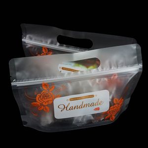 Stand-up mat transparante handvat tas plastic ziplock tassen 100 stks frosted clear flower bedrukt vers fruit verpakking pouch met hangende gat