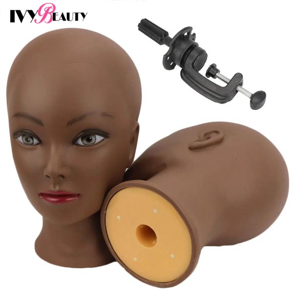 Pequeña de la peluca Mannequin femenino Cabeza de maniquí con soporte de soporte Cosmetología Práctica de entrenamiento africano Cabeza de maniquí para pelucas de peinado MA
