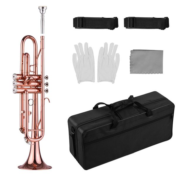 Trompette en laiton Bb standard avec sangles rigides Embouchure Gants Chiffon de nettoyage pour étudiants débutants Instrument de trompette