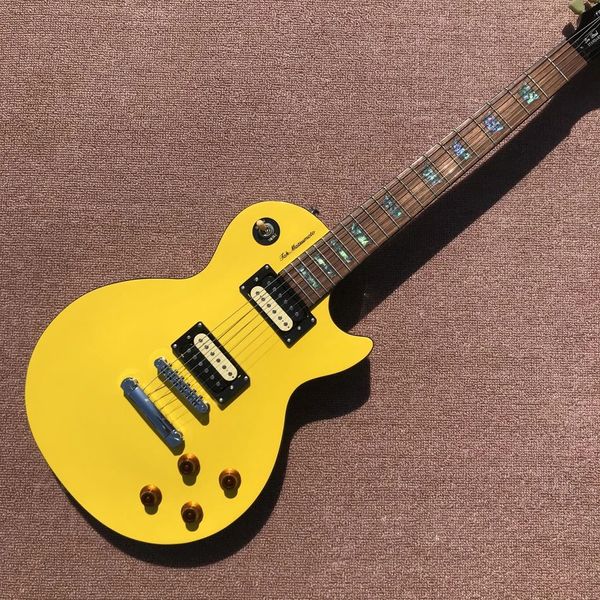 Guitarra eléctrica estándar, color amarillo limón, herrajes plateados con incrustaciones de abulón, pastillas Zebra, envío gratis