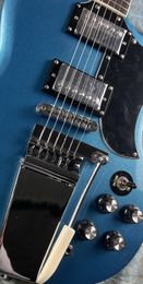 Guitarra eléctrica estándar, guitarra eléctrica SG, mosaico de maceta, brillo azul y plateado, vibrato plateado, culata