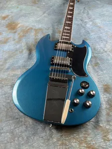 Standaard elektrische gitaar, SG elektrische gitaar, bloempotmozaïek, blauwe en zilveren glans, zilveren vibrato, standaard