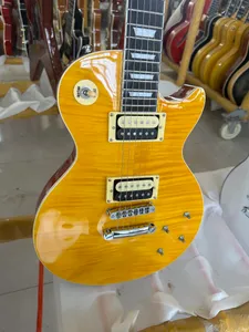 Standaard elektrische gitaar, geel tijgerpatroon gradiëntkleur, fel licht, zwart en geel open cartridge, op voorraad, snelle levering