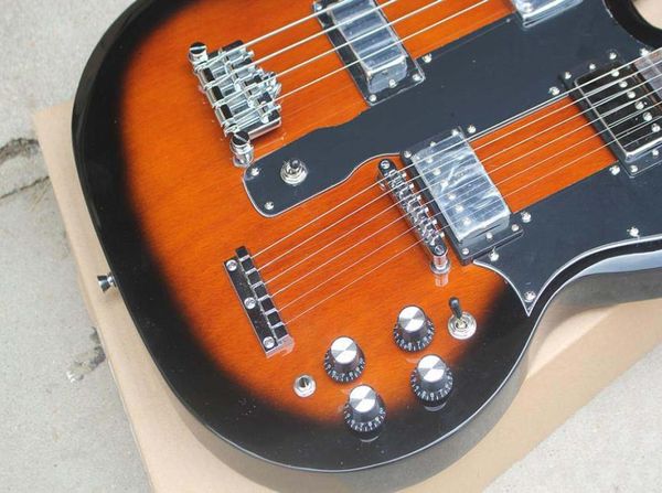 Guitarra estándar SG, doble cuello, guitarra eléctrica de 6 cuerdas, bajo eléctrico de 4 cuerdas, cuerpo integrado de color atardecer, puente especial LP 5841246