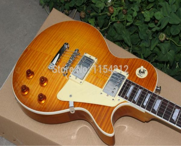 Estándar R9 Figurado Maple Top Guitarra Amber Electric 1959 Vos reedición hardware cromado Madre de pera incrustada1260995