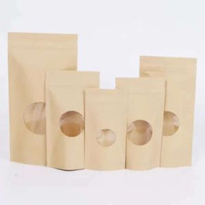 Staande zip groothandel 500 stks slot papieren zakken met ronde venster kraft pack opslag gedroogd voedsel fruit thee elektronisch product