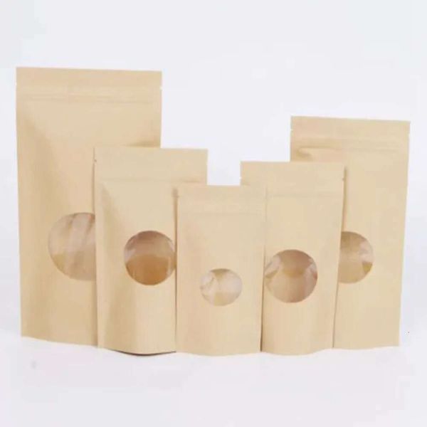 Bolsas de papel bloqueadas de 500 piezas de pie de pie de pie con la ventana redonda Kraft Pack Almacenamiento de alimentos secos Producto electrónico de té Electronic