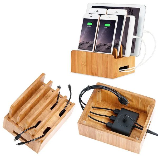 Support de bambou pour les téléphones Stand pour les cordons de téléphone Organisateur de quais de station de charge pour téléphones et tablettes Smart Charger USB