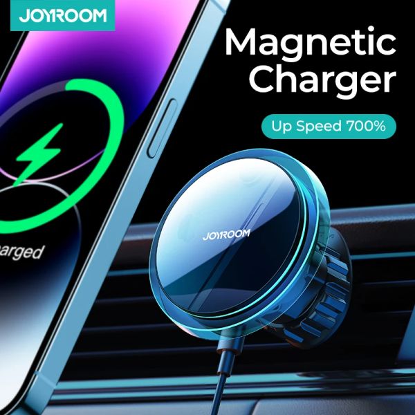 Stands Joyroom Magnetic Car Soporte de teléfono inalámbrico Cargador inalámbrico para iPhone 15 14 13 Pro Max Cargador de automóvil de carga rápida con luz azul