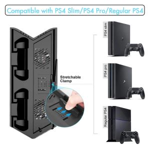 Stands PS4 Slim / Pro Universal Vertical Stand avec double contrôleur Station de refroidissement ventilateur 14 jeux Storage pour la station de jeu 4 PS4