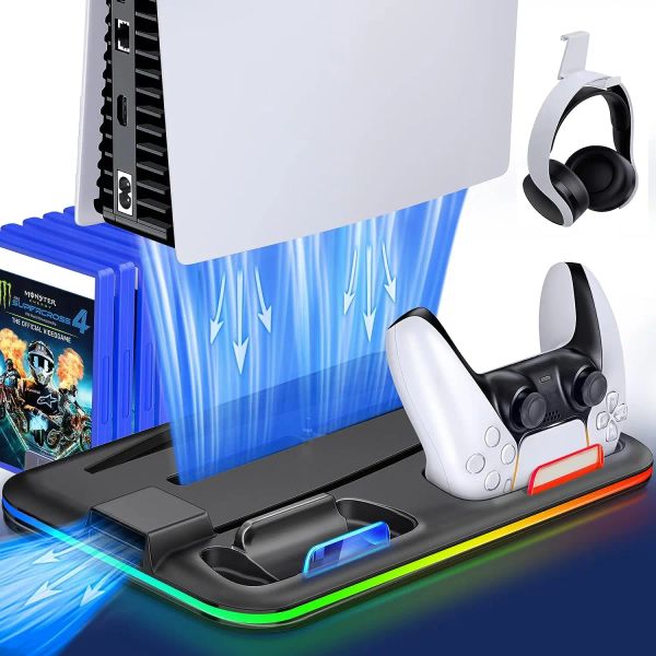Soportes PS5 Vertical Stand Cooler con RGB Light Dual Controller Station de carga 6 Ranuras de juego PS5 Fan de enfriamiento de soporte para PlayStation 5