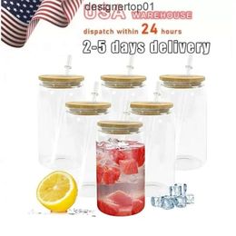 Stanleliness USA/CA Local Warehouse Sublimation Tumblers 16oz glazen blikjes met bamboe -deksels en herbruikbare stro bier mokken transparante matte tumbler soda cups epup