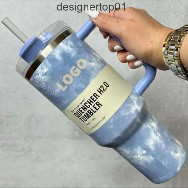 StanLeliness con DHL Quencher 40oz Tumbler Tie Dye Blue Blue Leopard Many Lid Taza Taza de cerveza de paja Botella de agua recubrimiento de polvo de polvo Campa al aire libre GG1123 VSIU