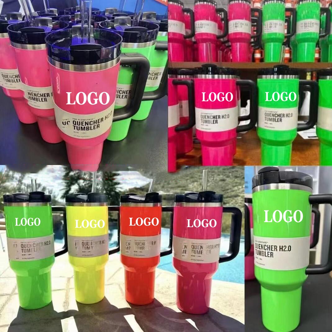 Elektrisk rosa 40oz Tumbler Yellow Orange Neon Green Quencher H2.0 Rostfritt stål Tumblers Cups med handtag lock och halm vinterrosa neonrosa bilmuggar GG0326