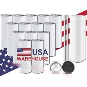 US/CA Gevulde 20oz Sublimatie Blanks Tumblers Rechte Slanke Geïsoleerde Automokken Roestvrijstalen Thermosflessen Water met Plastic Stro