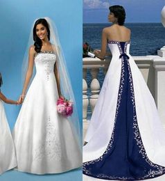 Stapless Wit en Royal Blue A Line Wedding Dresses 2019 Borduurwerk Satijnen bruidsjurken Court Train Voin Up voor huwelijk8276582