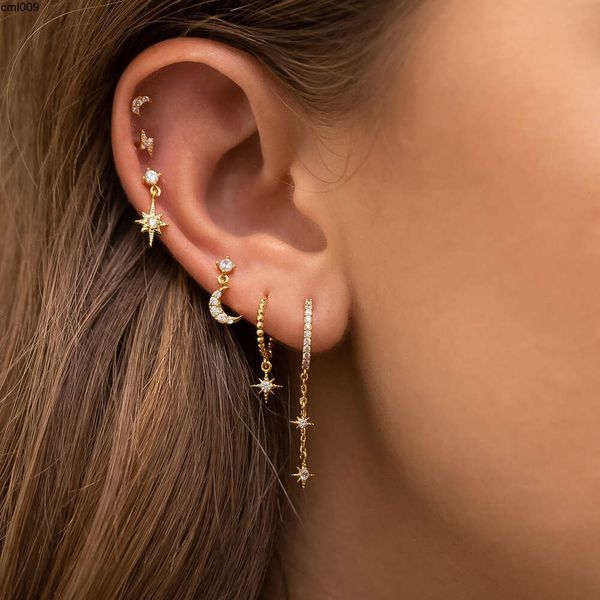 Pendientes asimétricos de estrella y luna Conjunto de seis piezas Ins Fashion Circon Joyas para mujeres