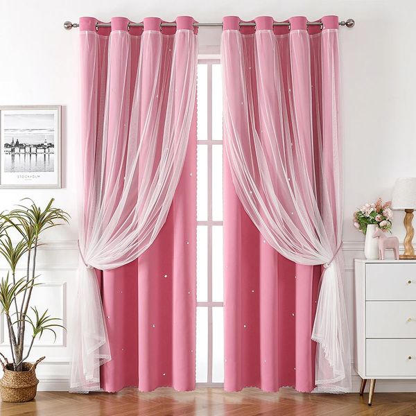 Rideau étoile pour chambre de filles rideau occultant Double couche superposition transparente avec dentelle nœud papillon pour décor de chambre d'enfants princesse étoile 240111