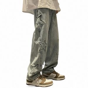 Star Broderie Droite Casual Hommes Jeans Gothique Neutre Nouvelle Jambe Large Lâche Hip-Hop Fi Jeunesse Streetwear Denim Pantalon Y2K N9if #