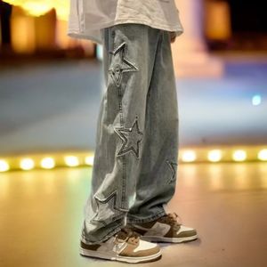 Star broderie droite décontracté hommes jean gothique neutre jambe large lâche hip-hop mode jeunesse streetwear denim pantalon Y2K 240323