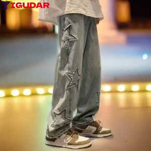 Star broderie droite décontracté hommes jean gothique neutre jambe large lâche hip-hop mode jeunesse streetwear denim pantalon Y2K 240124