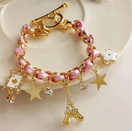 Star Flower Poker A Paris Eiffeltoren Crown Touw Braid Bracelet Sweet Leather Charm Crystal Armband Vintage Bangle Juwelen