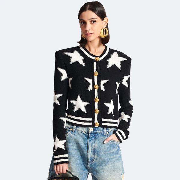 Star Jacquard Knit Cardigan Femmes Sweater Design de luxe Iconic Lion Gold Button Femme Vêtements Boucle