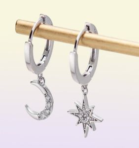 Star Moon Asymétrique 925 Serling Silver Cumbic Zirconia Boucles d'oreilles pour les femmes Cerc