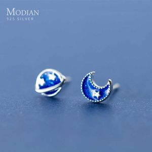 Star Moon Enamel Blue Galaxy Planet Silver Stud Boucles d'oreilles Charme mignonne 925 Sterling Party Jewelry for Women Wedding 210707