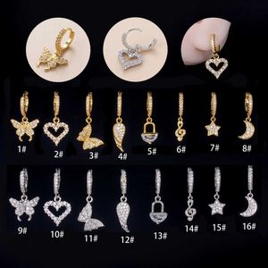 Star Moon Love Butterfly Wings Huggie Hoop Boucles d'oreilles Cubique Zircone Pendentif Oreille Boucle Unique Oreille Os Anneau Boucle D'oreille Or 14K Pierre Précieuse 3A CZ Pierre Partie Brincos Bijoux