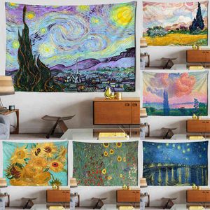 Star Moon Night Van Gogh Pintura Impreso Sala de estar Decoración Colgante de pared Tapiz Yoga Mat Alfombra Decoración del hogar Arte J220804