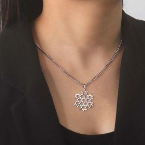 Collar con colgante de hexagrama de estrella de David para mujeres y hombres, cadena de cuello de oro blanco de 14 quilates, estrella de seis puntas, regalo de joyería judía