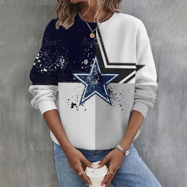 Sudadera informal con estampado de estrellas y cuello redondo para mujer, sudaderas con capucha de manga larga para el día del juego, sudaderas con gráficos de fútbol americano, Tops de gran tamaño 240115