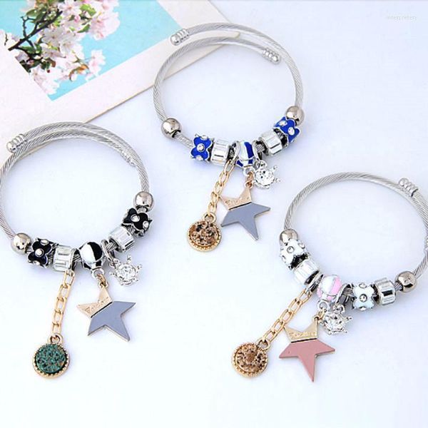 Brazalete con colgante redondo de estrella, pulseras elegantes de acero inoxidable para mujer, pulsera con dijes de cadena de hilo de Color plateado a la moda, joyería Inte22