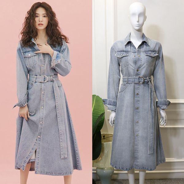 Star Song Hye Kyo – robe en Denim bleu clair avec dentelle, jupe à simple boutonnage, tempérament, longue Section de la marée