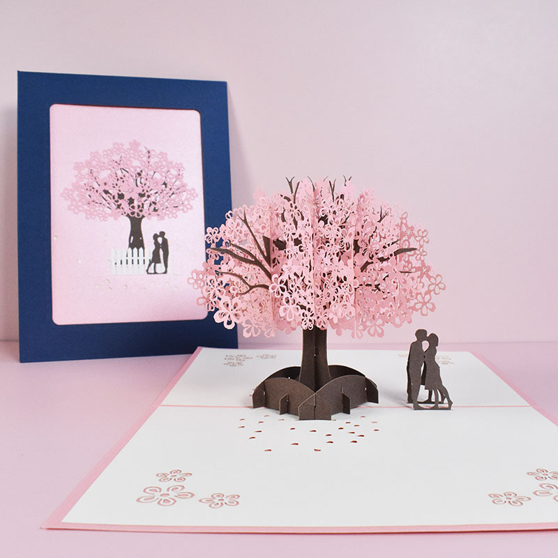 Carte d'anniversaire 3D/carte pop-up Sakura fleur de pêcher cadeaux faits à la main Couple pensant à vous carte fête de mariage amour Saint Valentin carte de voeux