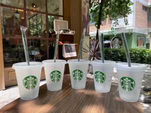 Starbucks 16oz/473ml Plastic Tumbler Herbruikbare Clear Drinkbekers met platte bodem Pijlervorm Deksel Stro Mokken