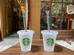 Starbucks 16oz / 473ml Gobelet en plastique réutilisable transparent à fond plat en forme de pilier avec couvercle en paille Bardian 100pcs 57GI