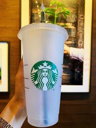 Starbucks 24oz/710ml Plastic Mok Little Mermaid Confetti Tumbler Goddess Geschenkdeksel herbruikbaar Clear Drinking Flat Bottom Straw Bardian Color G1P6