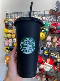 Starbucks 24oz/710 ml Plastic mug tumbler herbruikbaar zwart drinken platte bodem pilaar vorm deksel stro kopjes 2ic9