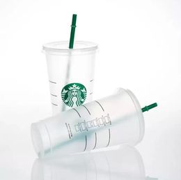 Starbucks 24oz / 710 ml de tasses en plastique Tubler r￩utilisables clairs ￠ boire pilier plat de pilier de couvercle de paille de paille bardienne