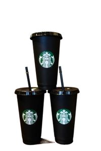 Starbucks 24oz/710 ml Plastic mokken Tumbler herbruikbaar zwart drinken platte bodem pilaar vorm deksel stro kopjes 50 stks gratis dhl cnei