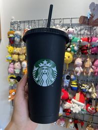 Starbucks 24 oz/710 ml Plastic Tumbler Herbruikbare Zwarte Drinken Platte Bodem Cup Pijler Vorm Deksel Stro Mok 30 stuks gratis DHL