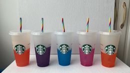 Starbucks 24oz / 710ml Canecas de plástico Tumbler Tampa de presente Reutilizável Transparente Beber fundo plano Palha Mudança de cor Flash Black Cup