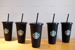 Starbucks 24oz/710 ml Plastic Tumbler Herbruikbaar zwart Drink Flat Bottom Cup Pilaar Vorm deksel Stro mok 30 stuks 5MW1